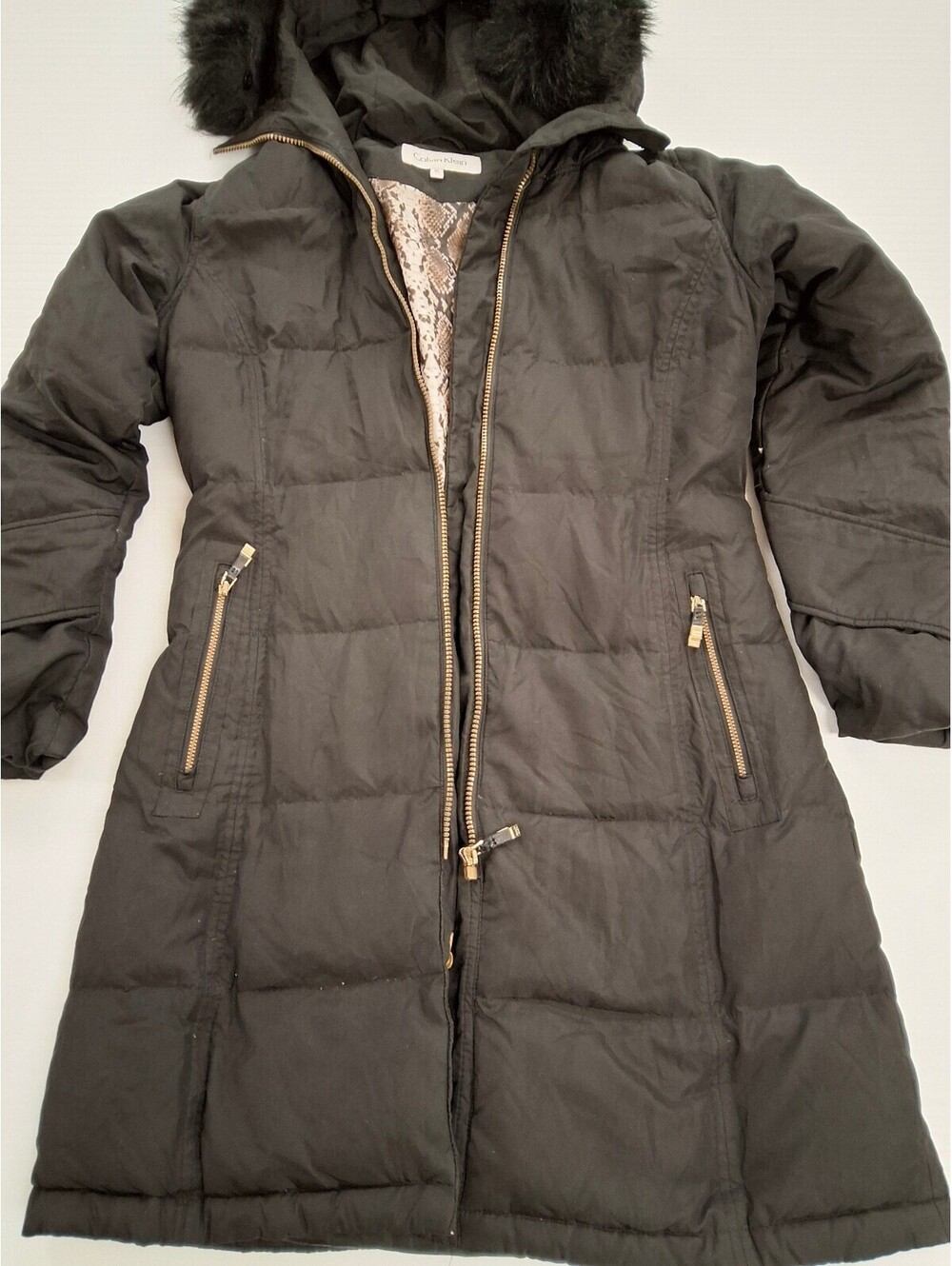 Calvin Klein Women's Black Long Puffer Coat with Faux Fur Hood Trim, Size XS